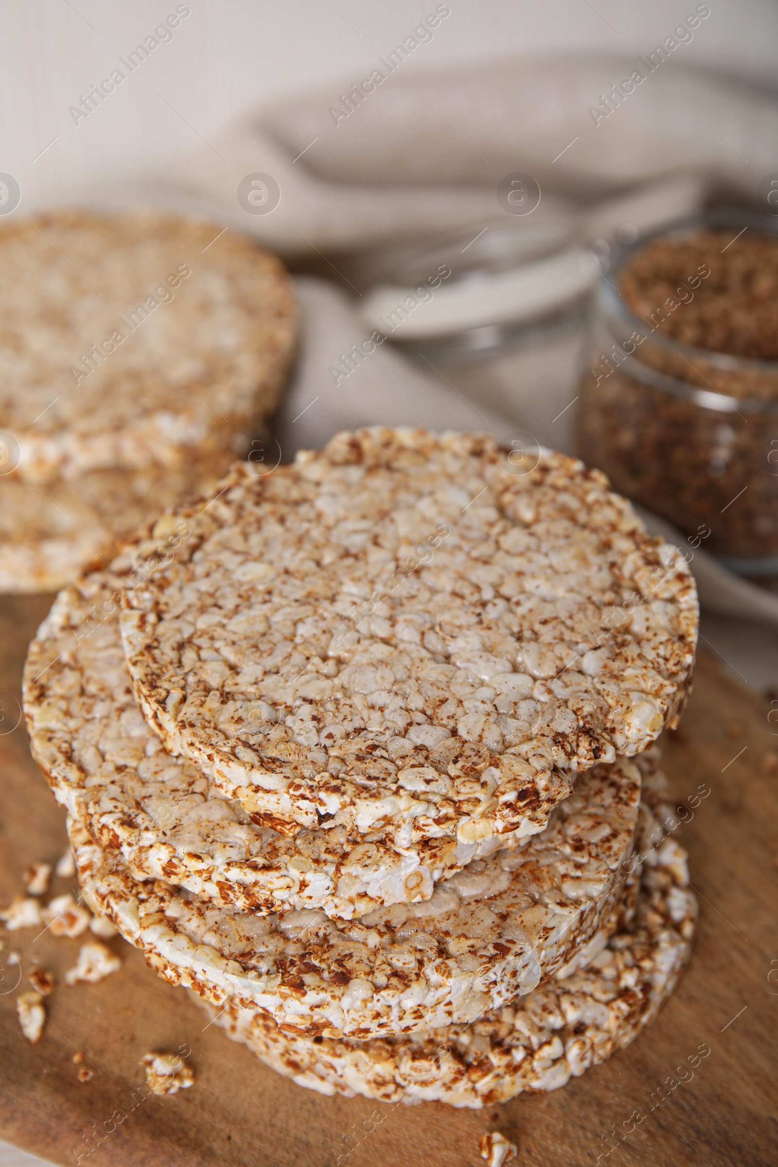 Photo of Stack of fresh crunchy rice cakes on white table