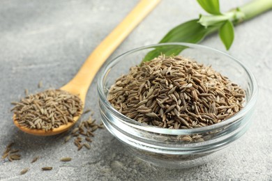 Photo of Bowl of caraway seeds and spoon on grey table, closeup