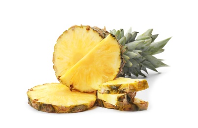 Tasty raw cut pineapple on white background