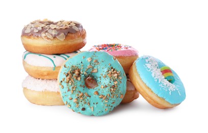 Different tasty glazed donuts on white background