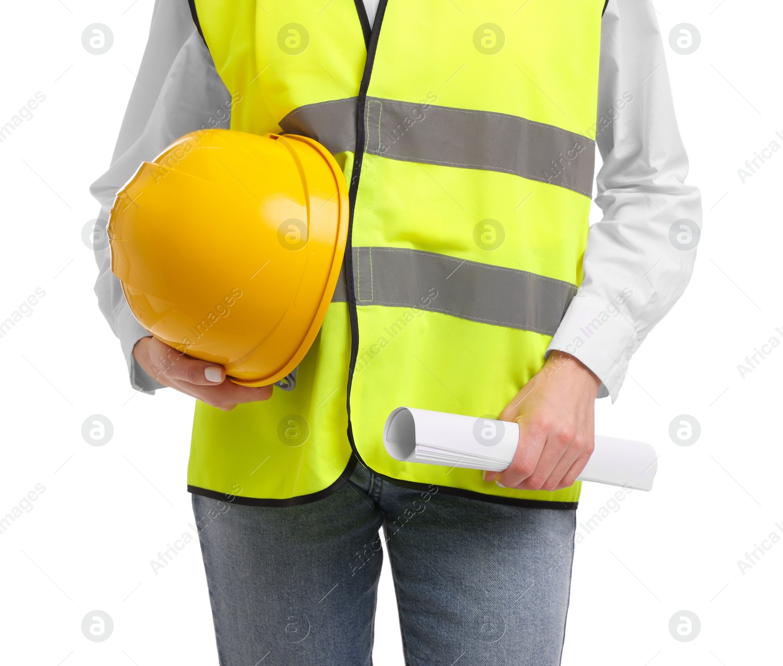 Photo of Engineer with hard hat and draft on white background, closeup