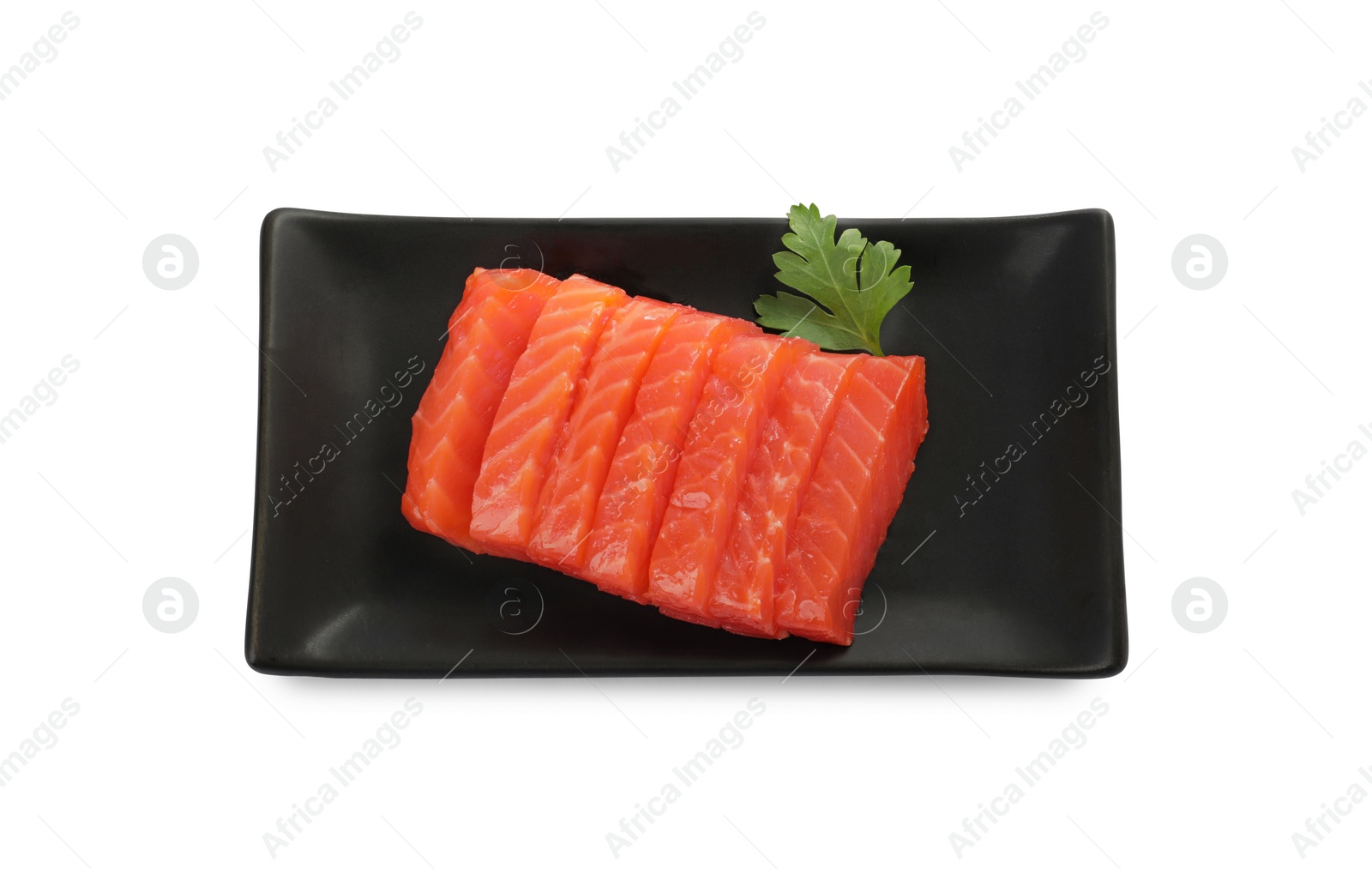 Photo of Tasty sashimi (slices of raw salmon) served with parsley isolated on white, top view