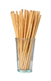 Delicious grissini sticks in glass on white background