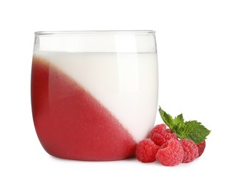 Photo of Delicious panna cotta with fruit coulis, fresh raspberries and mint on white background