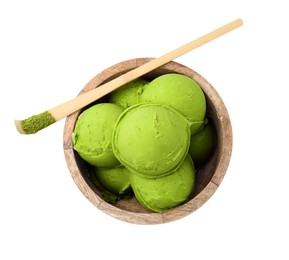 Tasty matcha ice cream in bowl and bamboo spoon with powder isolated on white, top view