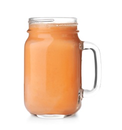 Photo of Mason jar with delicious detox smoothie on white background