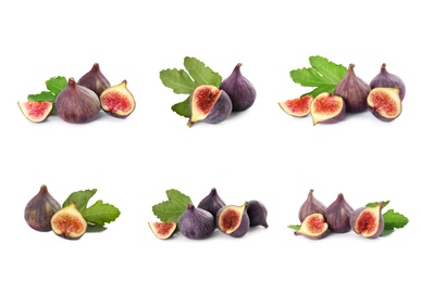 Image of Set of tasty figs on white background