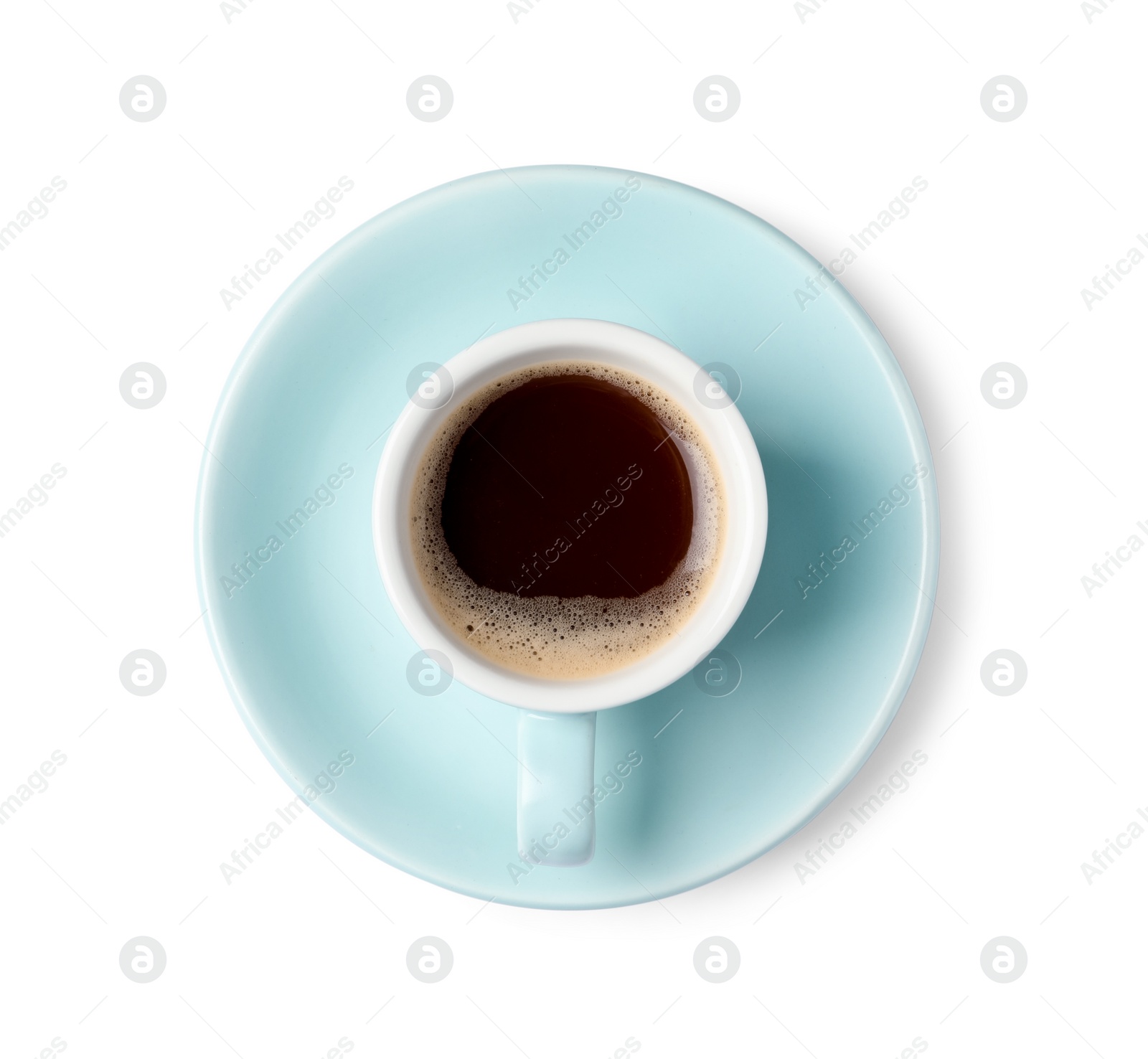 Photo of Tasty coffee in cup isolated on white, top view