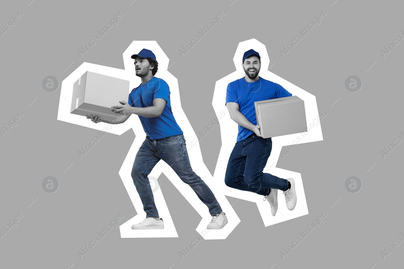 Image of Happy couriers with parcels on grey background