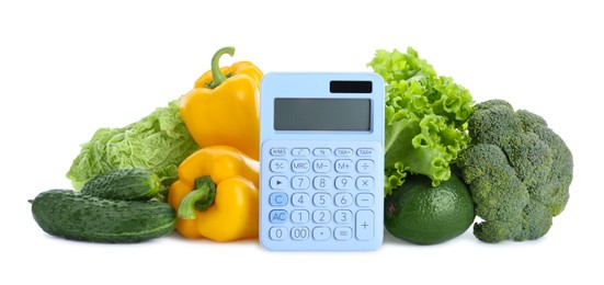 Photo of Calculator and food products on white background. Weight loss concept