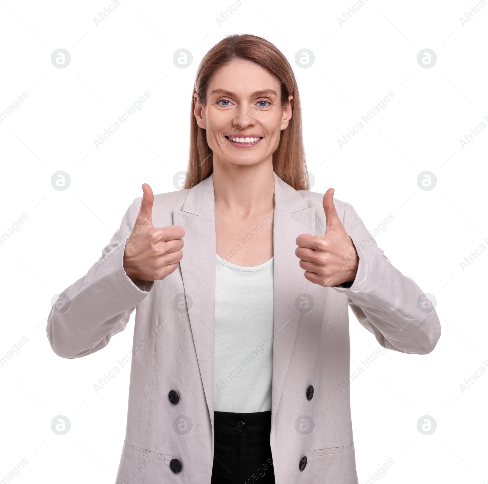 Photo of Beautiful happy businesswoman showing thumbs up on white background