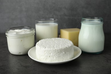 Fresh lactose free products on grey table