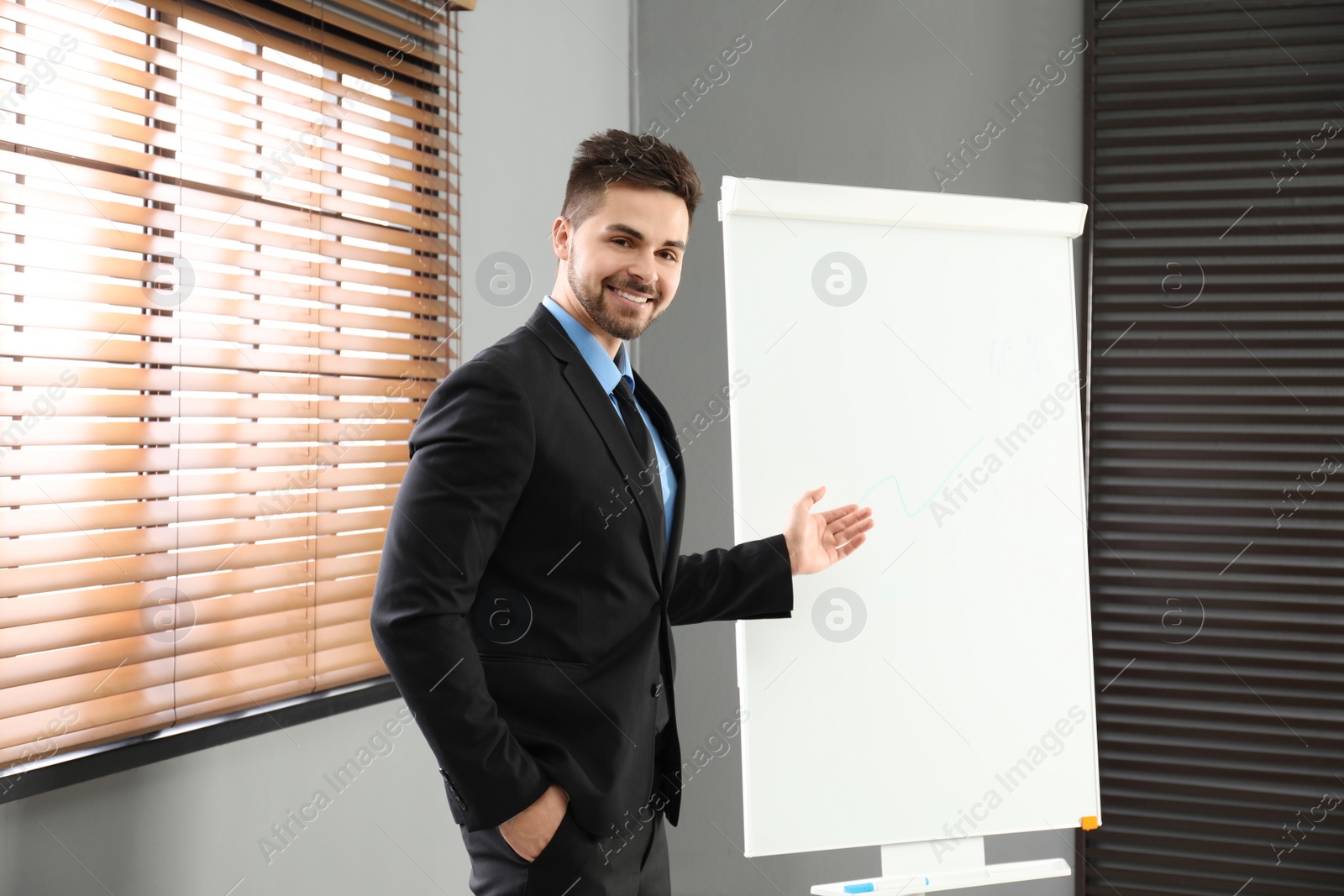 Photo of Professional business trainer near flip chart in office