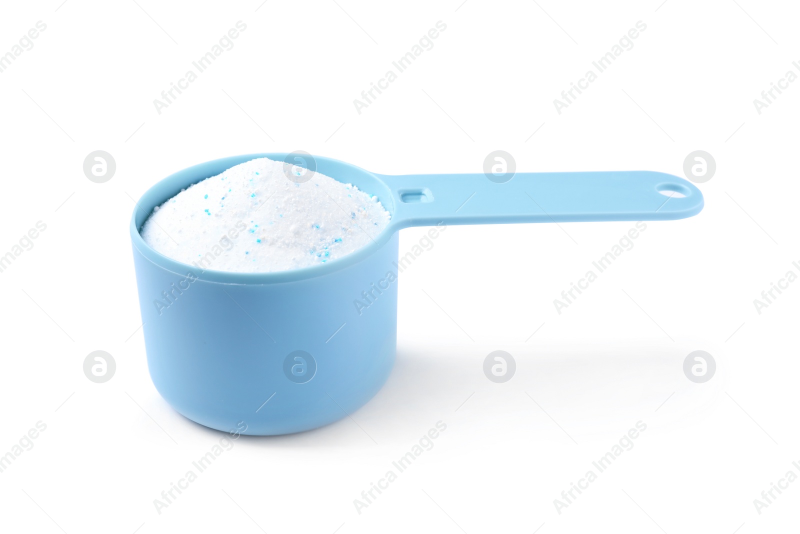 Photo of Measuring spoon with laundry powder isolated on white