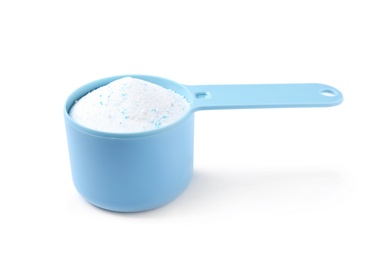 Measuring spoon with laundry powder isolated on white