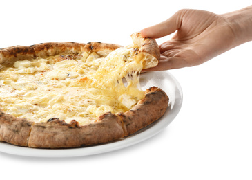 Woman taking slice of tasty cheese pizza on white background, closeup