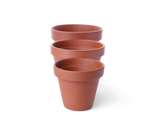 Photo of Stylish terracotta flower pots isolated on white