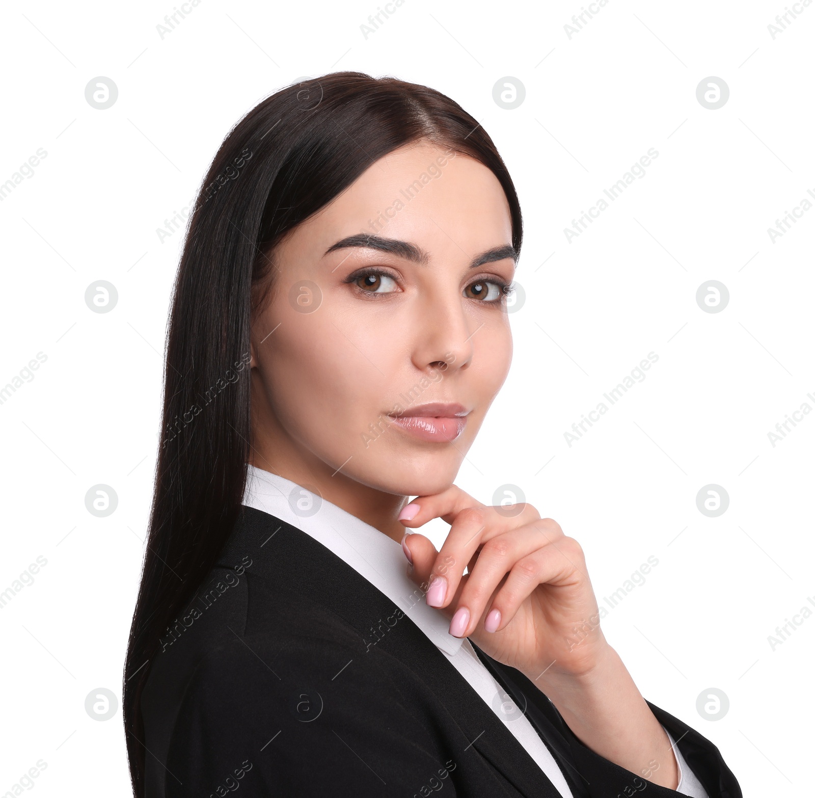 Photo of Portrait of young businesswoman on white background