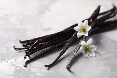 Photo of Vanilla pods and flowers on light textured table, closeup