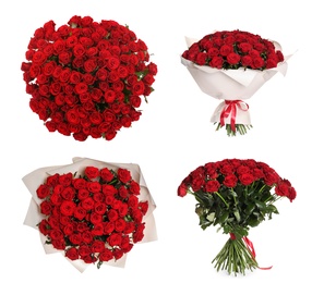 Image of Set with beautiful bouquets of red roses on white background