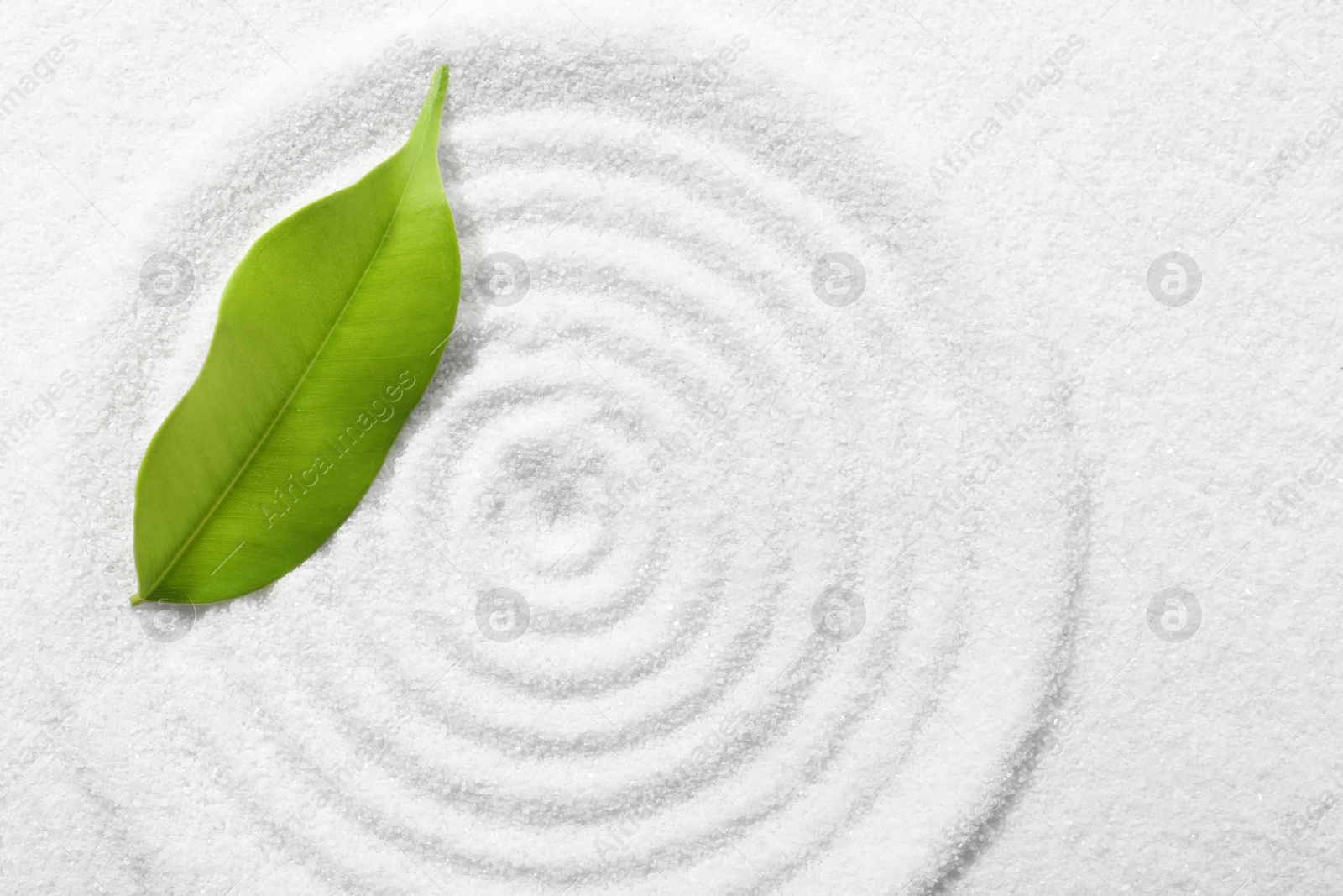 Photo of Zen rock garden. Circle pattern and green leaf on white sand, top view