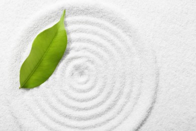 Zen rock garden. Circle pattern and green leaf on white sand, top view