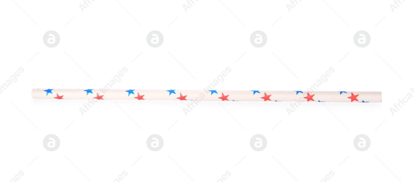 Photo of One paper straw with colorful stars for drinking isolated on white