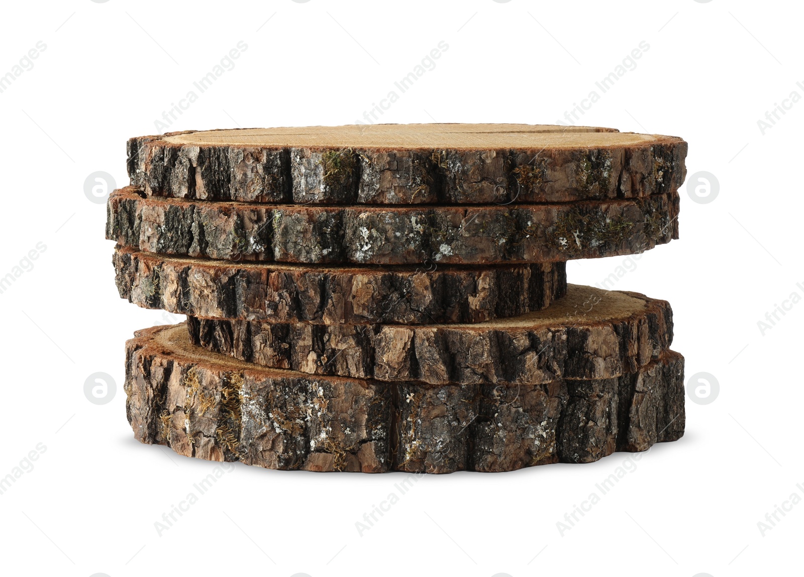 Photo of Presentation of product. Stack of wooden stamps isolated on white