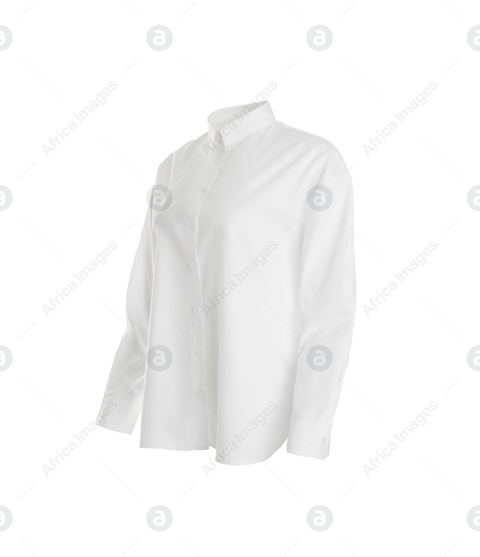 Photo of Elegant shirt on mannequin against white background. Stylish clothes