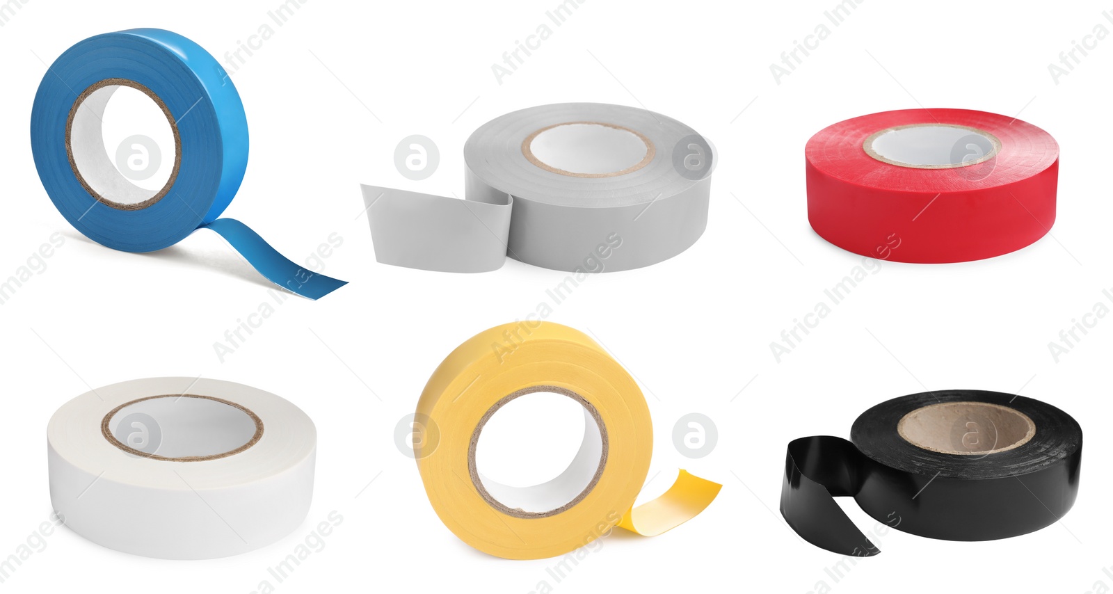 Image of Collage with insulating tapes in different colors on white background