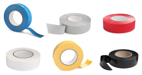 Image of Collage with insulating tapes in different colors on white background