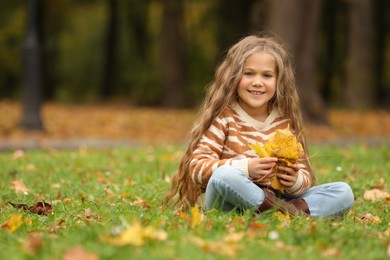 Happy girl with dry leaves on green grass in autumn park, space for text