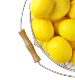 Tasty fresh lemons on white background, top view