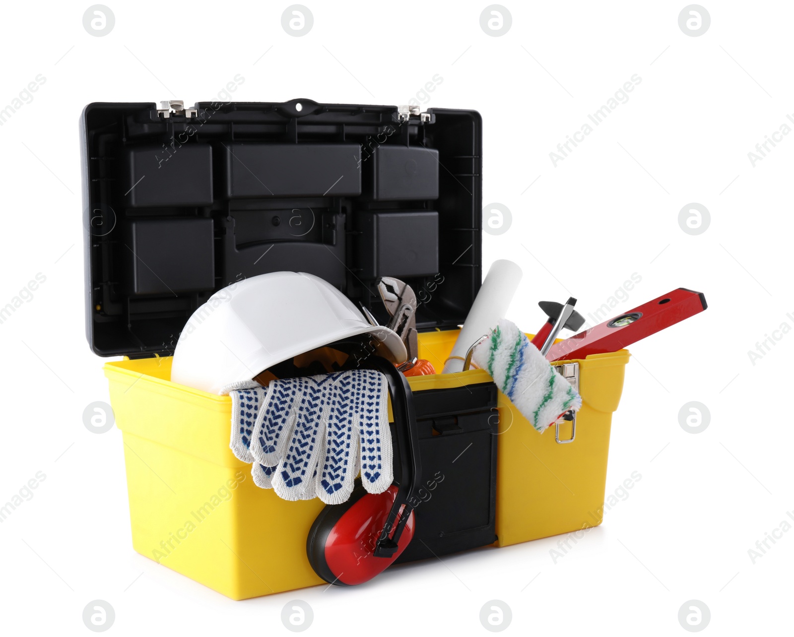 Photo of Construction tools in box isolated on white