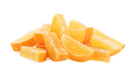 Photo of Sweet orange jelly candies on white background