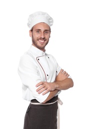 Professional chef wearing uniform on white background