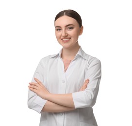 Photo of Cosmetologist in medical uniform on white background