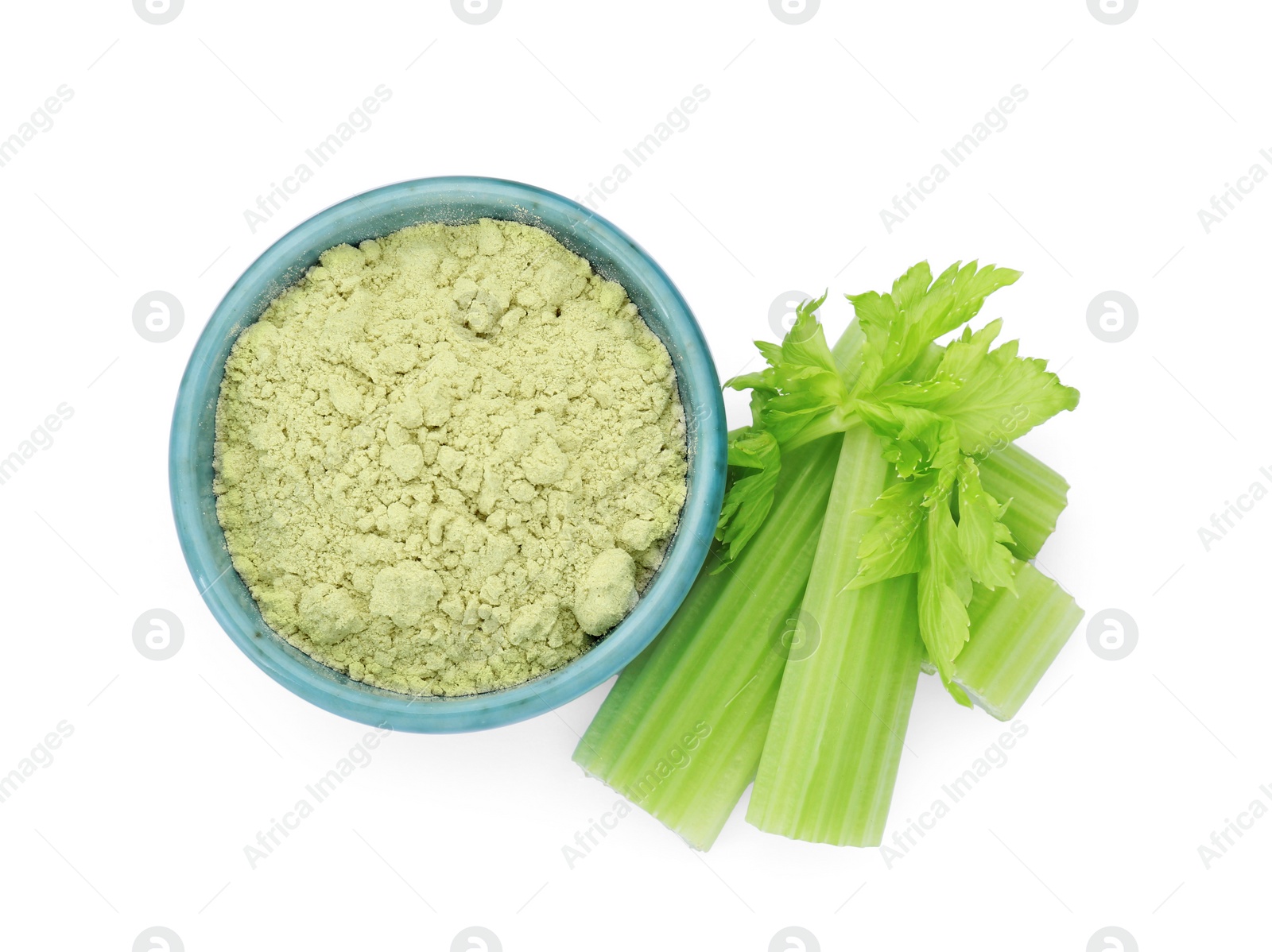 Photo of Celery powder and fresh cut stalks isolated on white, top view