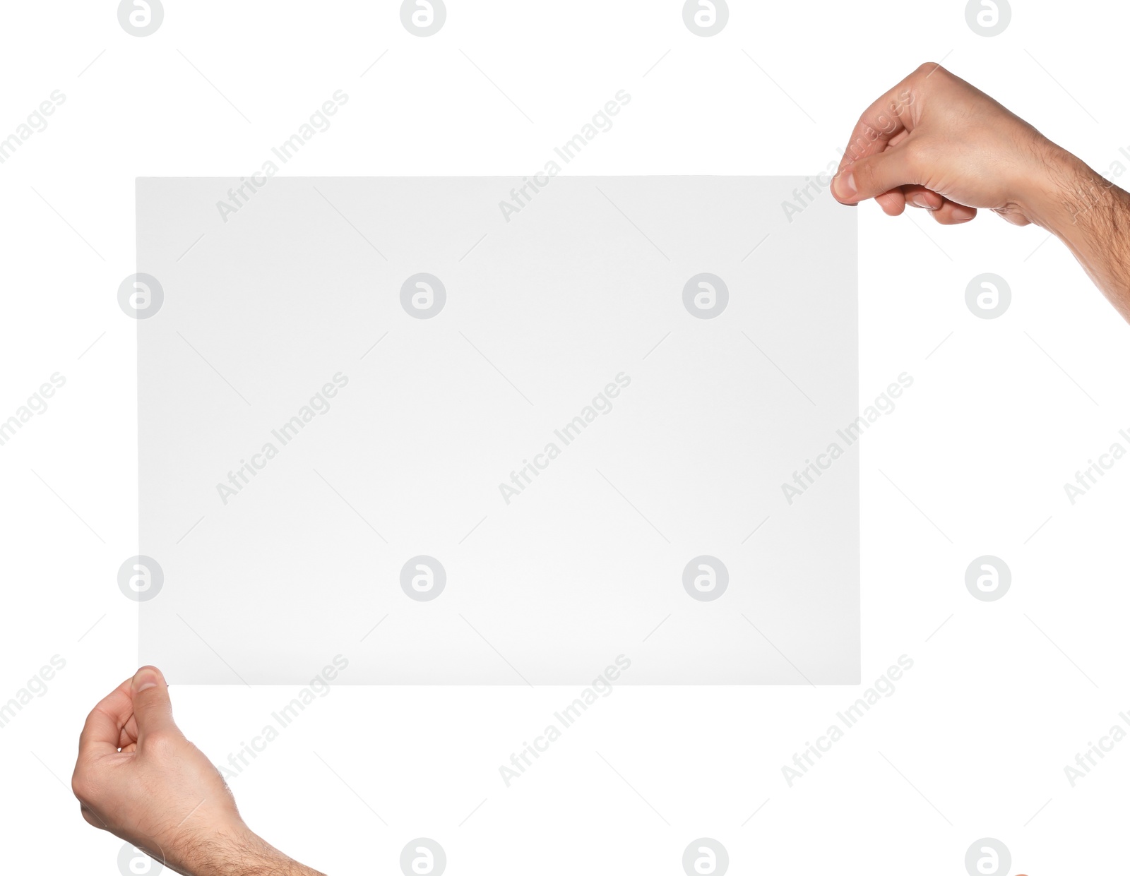 Photo of Man holding sheet of paper on white background, closeup. Mockup for design