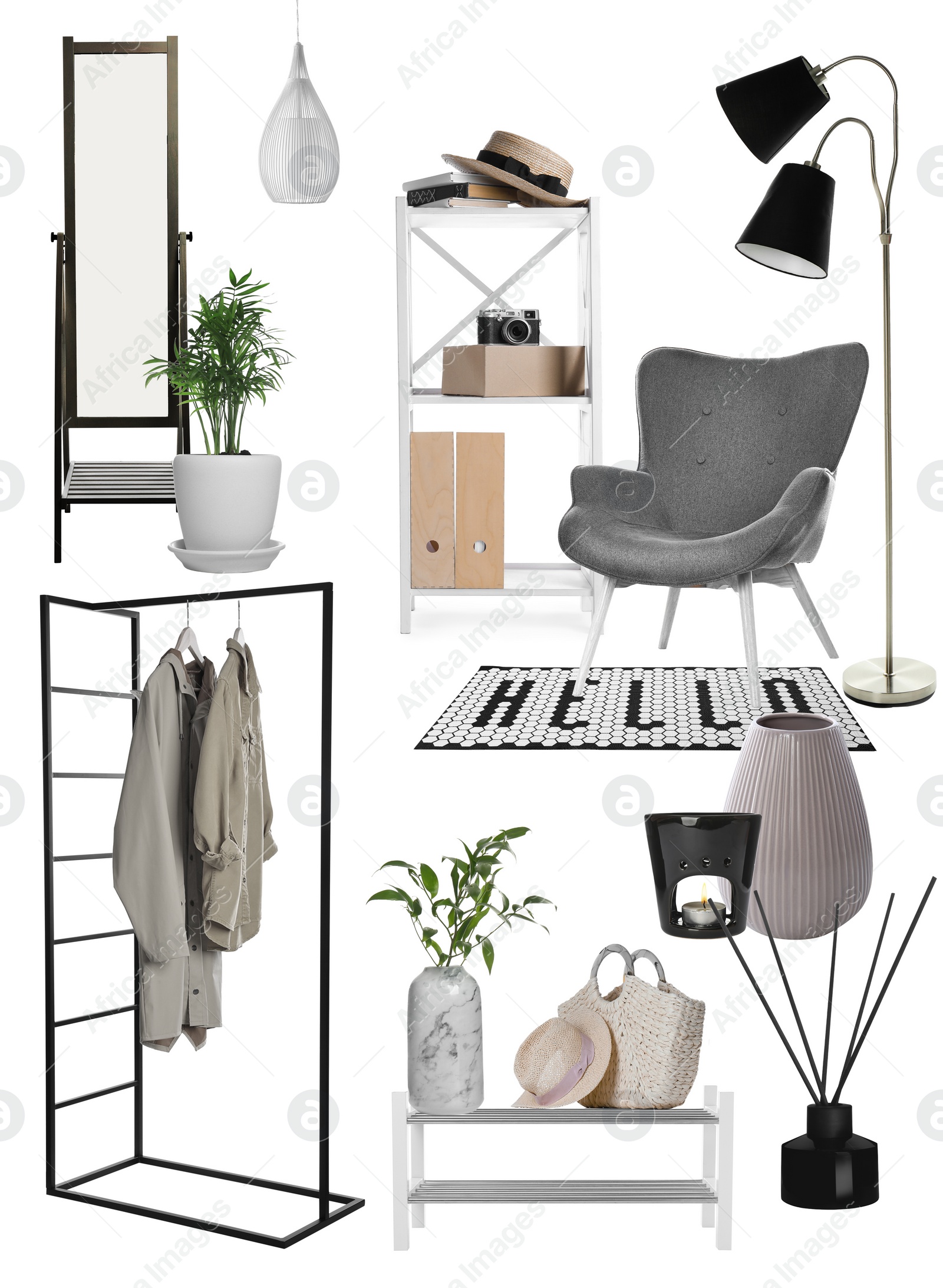 Image of Stylish hall interior with different decorative elements and furniture on white background. Mood board collage