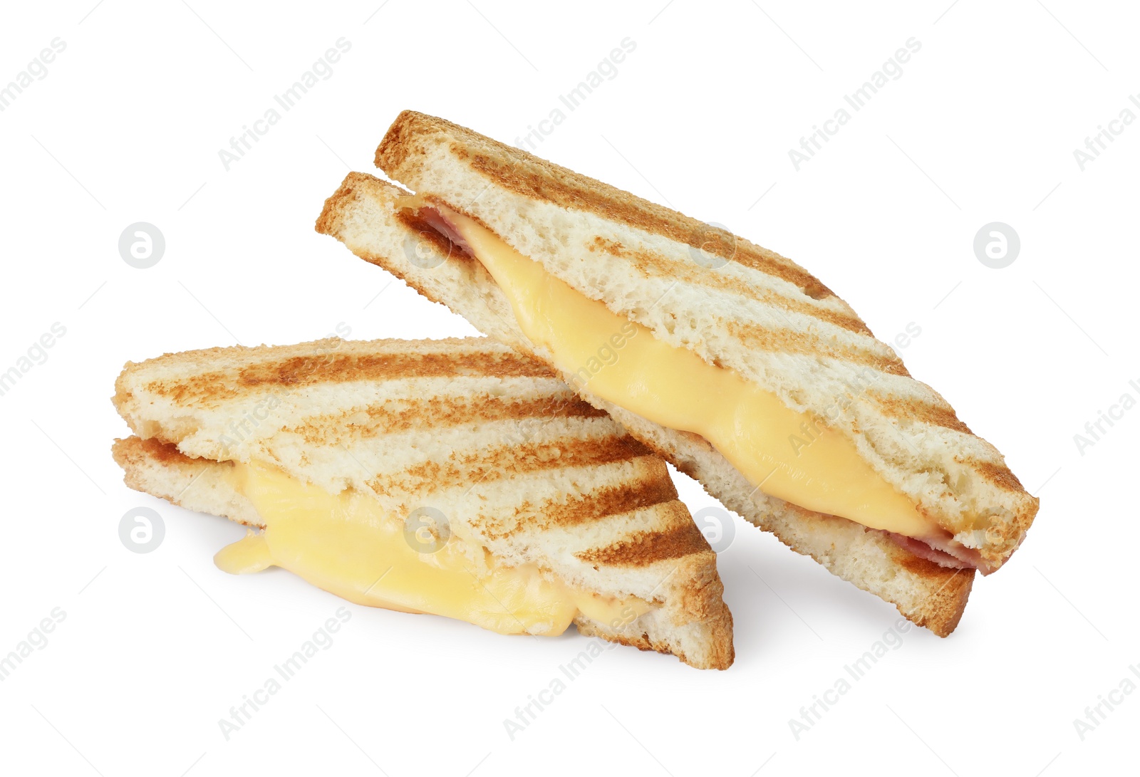 Photo of Tasty sandwiches with ham and melted cheese isolated on white