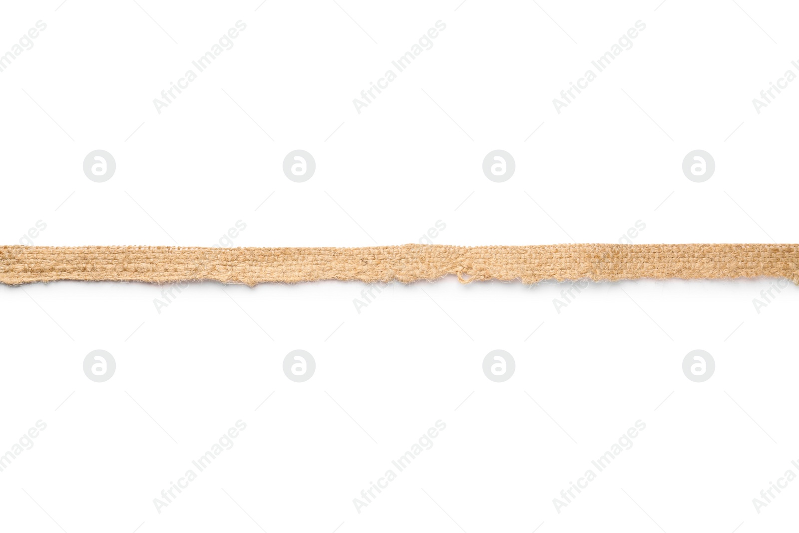 Photo of Thin burlap ribbon on white background, top view