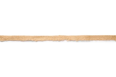 Photo of Thin burlap ribbon on white background, top view