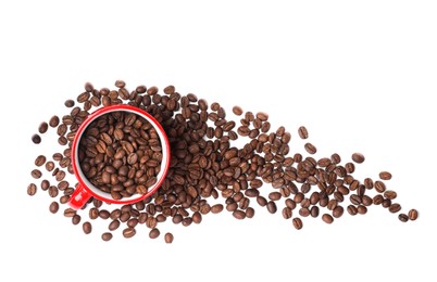 Red cup and roasted coffee beans on white background, top view