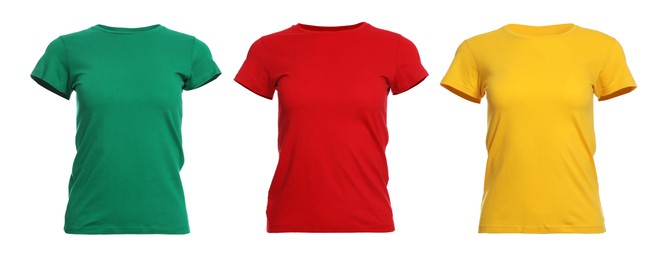 Image of T-shirts of different colors isolated on white. Space for design