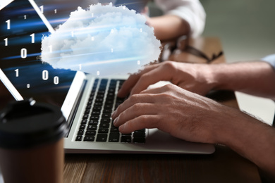 Image of Cloud technology. Man using modern laptop, closeup