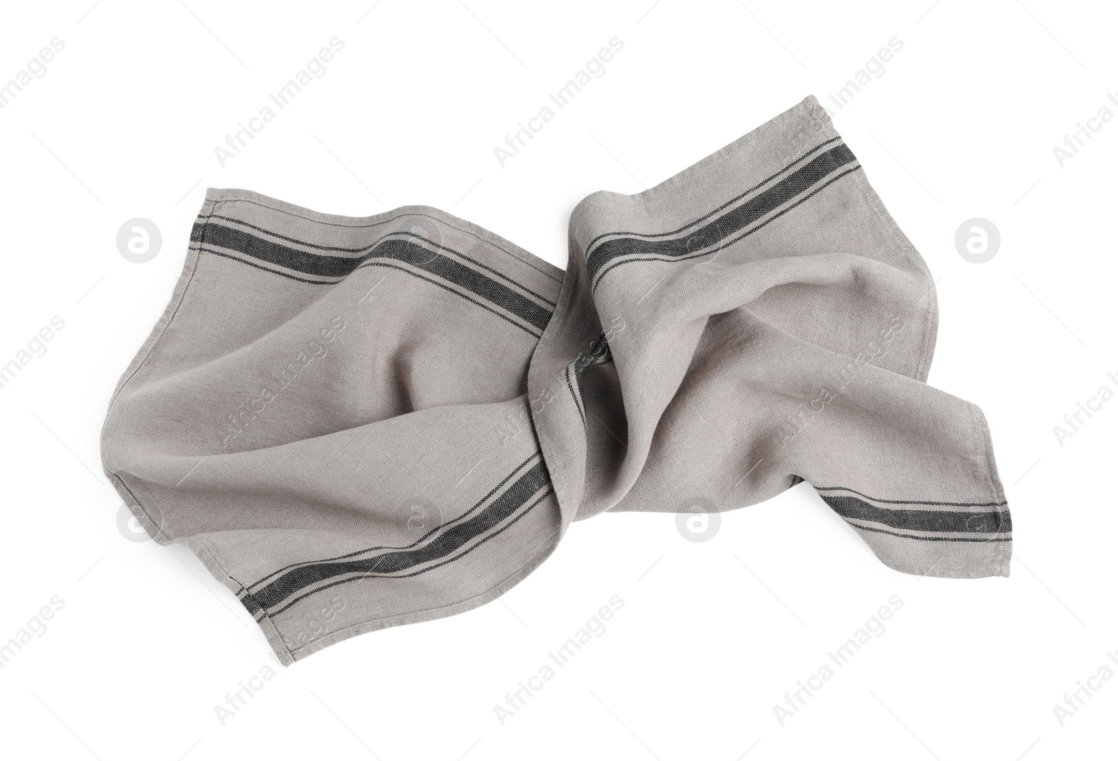 Photo of Grey cloth napkin with stripes isolated on white, top view