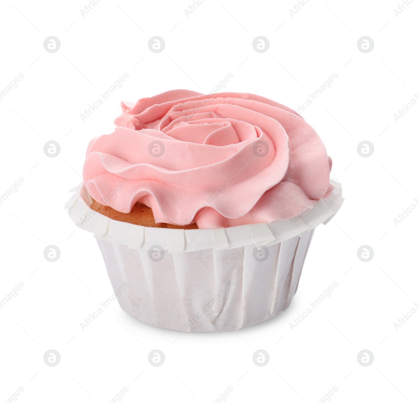 Photo of Baby shower cupcake with pink cream isolated on white