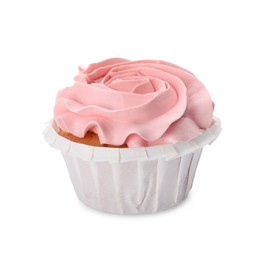 Baby shower cupcake with pink cream isolated on white