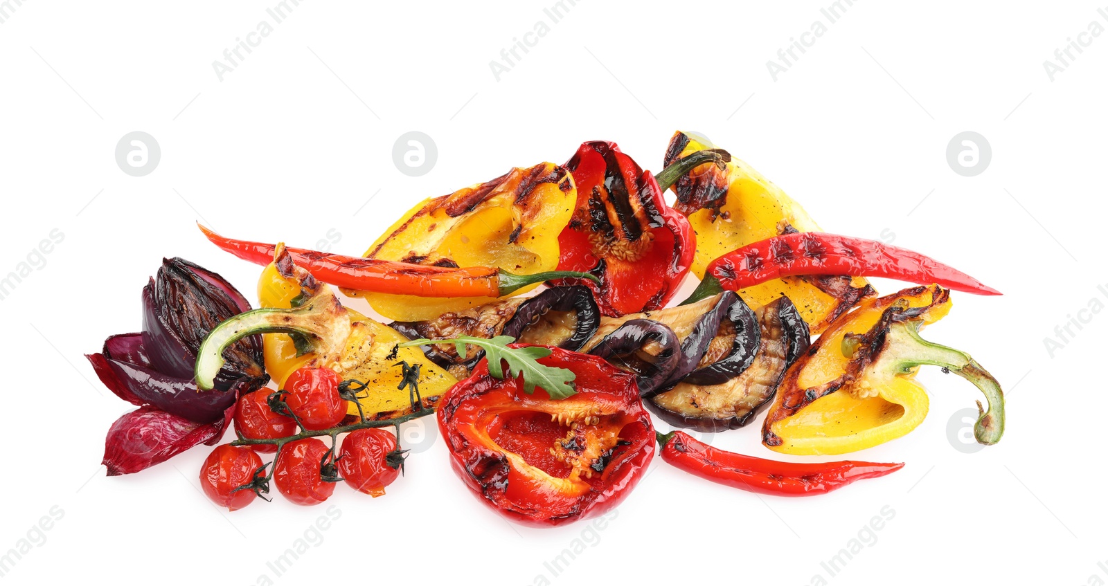 Photo of Different delicious grilled vegetables isolated on white